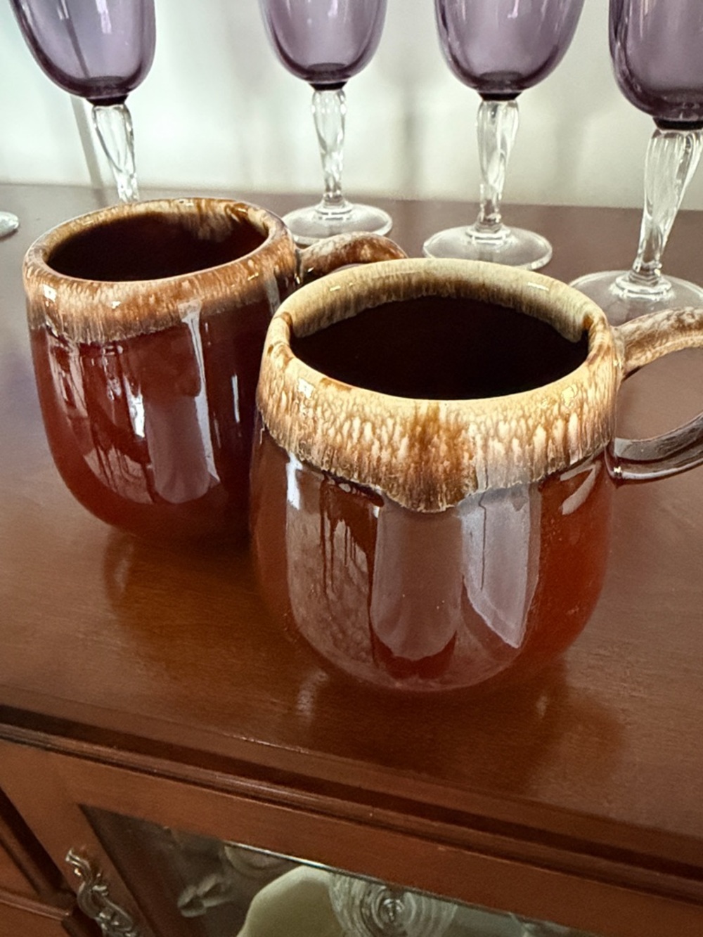 Mccoy Brown Ceramic Mugs with Cream Drip Glaze - Pair